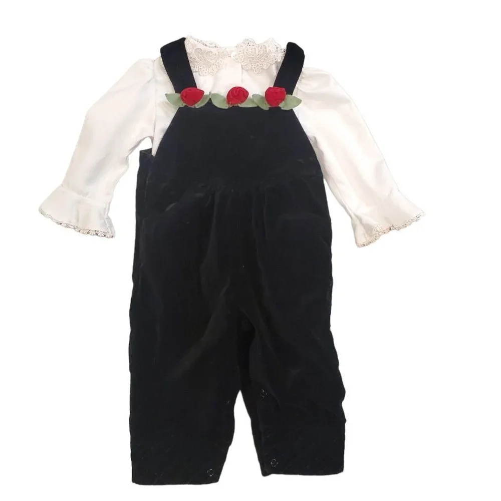 Vintage 90s Toddler Girls 18 Months‎ Black Velvet Bibs Overalls Lace Outfit Set
